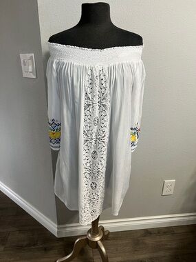 blue island White Smocked Off-Shoulder Blouse with Crochet Panel